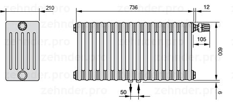 Схема (чертеж) Радиатор Zehnder Charleston 6060/16 №V008 Белый глянцевый RAL 9016